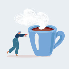 Vector illustration of tired woman not yet awake is walking towards big cup of coffee. Tired woman wants to sleep on white backround.
