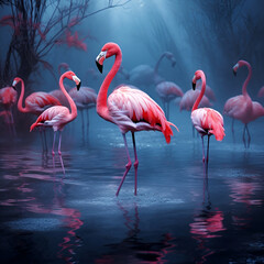 Flamingo birds standing in the water. Generated AI