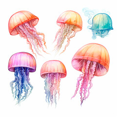 jellyfish set watercolor on a white background created with Generative Ai