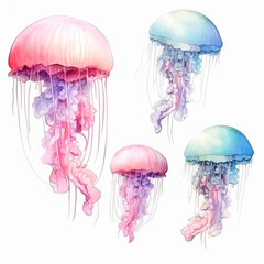 jellyfish set watercolor on a white background created with Generative Ai