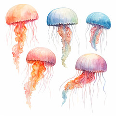 jellyfish set watercolor on a white background created with Generative Ai