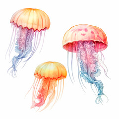 jellyfish set watercolor on a white background created with Generative Ai