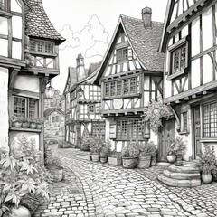 A cobblestone street with potted plants and half-timbered building. (Generative AI)