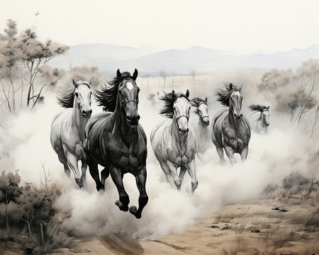 A herd of horses swiftly galloping, raising clouds of dust. (Generative AI)