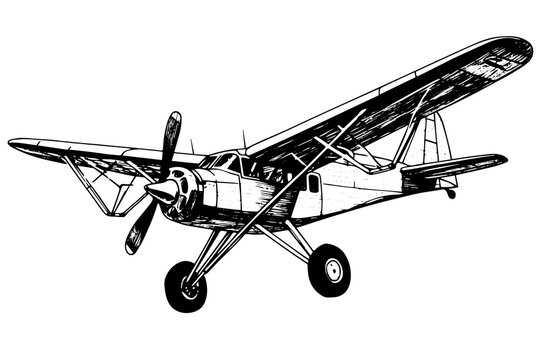 Hand drawn ink sketch of airplane. Engraving style vector illustration.