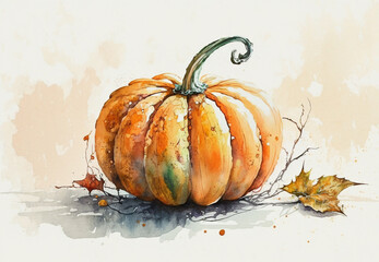 Pumpkin and autumn leaves on white background.  Watercolor pumpkin, print for cover booklet. Autumn card. Generative AI 