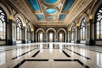 Fototapeta premium Awesome picture of internal bedrroom design decorated with cieling lights and beautifull circle at the miidle of the room with beautifull view of rainbow lights