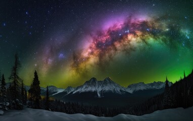 Aurora Milky Way Southeast Sky Mountain Peaks Wide Simulated Northern Lights, Generative AI
