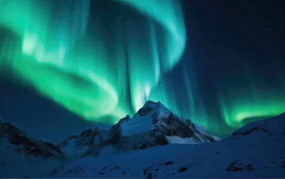 Aurora borealis above the snow covered mountain range in europe. Northern lights in winter, Generative AI
