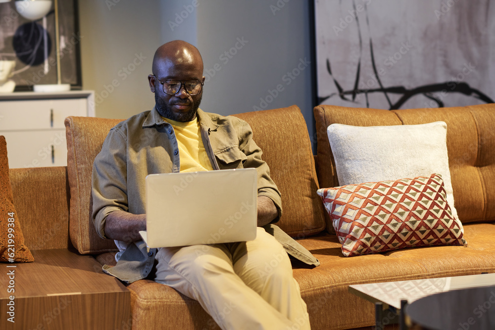 Aufkleber young modern designer or freelancer using laptop while sitting on soft comfortable brown couch with 