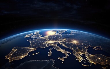 Planet Earth viewed from space with city lights in Europe. World with sunrise, Generative AI
