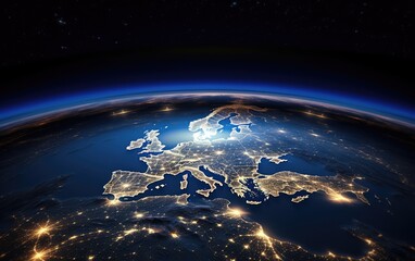 Planet Earth viewed from space with city lights in Europe. World with sunrise, Generative AI