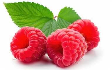 Raspberry with leaves isolated on white background, Generative AI