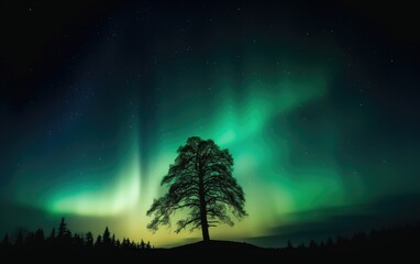 Obraz na płótnie Canvas Silhouette of tree against northern lights, Generative AI