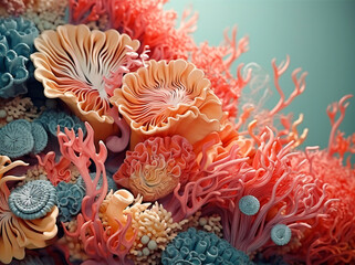 Fototapeta na wymiar 3d иллюстрация красочных кораллов, рыб и других морских жизней, реалистичная гипердеталь, Уэйн Тьебо, вдохновленные природой формы