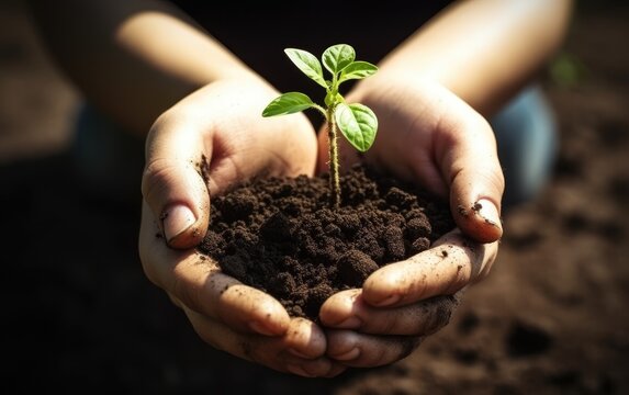 Hands holding seedling young plant with sunlight on green nature background. concept eco earth day, Generative AI