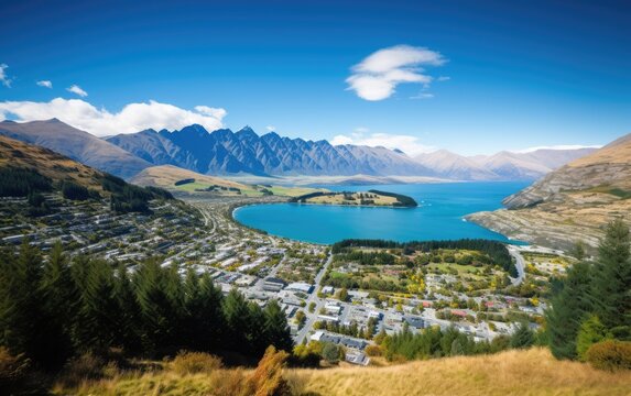 Queenstown View on a Sunny Day in New Zealand, Generative AI