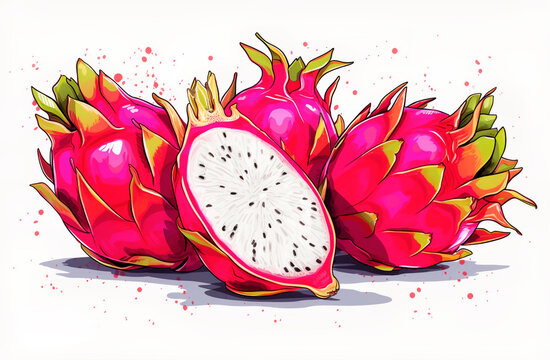 dragonfruit, illustrations fruit and vegetable drawing, in the style of colorful animation stills, light red and purple, destructive