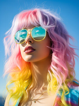 girl in pink sunglasses with bright colored hair, in the style of light green and indigo, film/video, bold colorism, framing, cabincore, yellow and blue, made of plastic, summer vibe