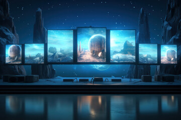 Lots of monitors, abstract landscape in the mountains, future technologies. AI generative.