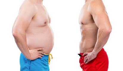 image of before fat after slim compare. before fat after slim compare of men isolated on white.