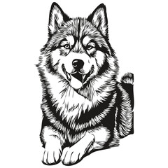 Malamute dog vector face drawing portrait, sketch vintage style transparent background realistic breed pet - obrazy, fototapety, plakaty