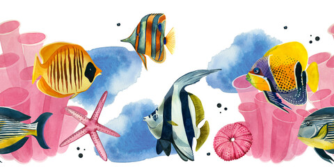 Seamless border. Tropical fish, corals, stars and hedgehogs in pink, hand-drawn in watercolor on a...