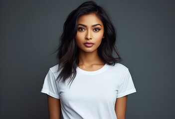 Fototapeta premium Beautiful Indian Lady in white T-Shirt on a neutral background