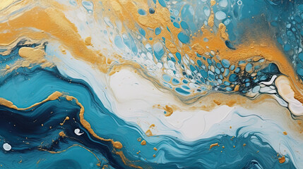 Abstract artistic background with blue marble and golden paint stains. Generated AI.