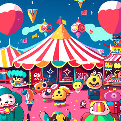 Fototapeta na wymiar lively cartoon scene capturing the excitement and chaos of a carnival with colorful characters