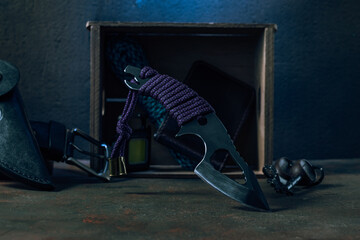 Necessary things for every day. Items for survival in a difficult moment. Knife, lantern and...