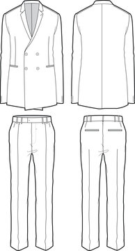 Men's double breast double button notch lapel Blazer Jacket full suit with formal trouser pants flat sketch fashion illustration technical drawing with front and back view