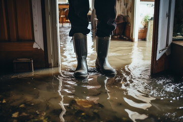 A man in rubber boots stands in a flooded house. ai generative