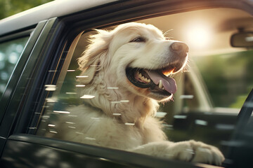 Dog riding in car and looking out from car window.ai generative