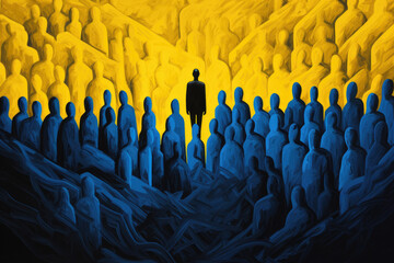 Obraz premium Abstract blue and yellow illustration of group of people standing next to their leader. Political concept of nation fighting together for freedom. Ukrainian flag colors