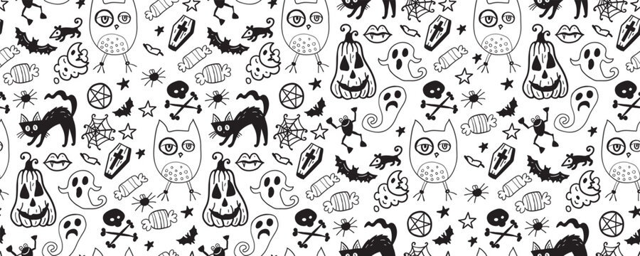 Halloween seamless pattern. Vector artwork background with holiday symbols of the day of the dead. Cute autumn design. Scary horror sketch art. Magic wallpaper illustration with ghost and pumpkin
