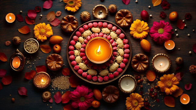 Generative AI illustrations, Happy Diwali - Diya lamps lit during diwali celebration