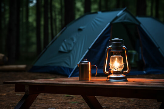 tent, lantern  on wooden table in campsite.ai generative