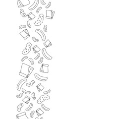 doodle line banana chips and package vertical seamless pattern on white background. vector abstract illustration.