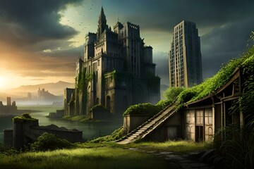 An imaginary city, abandoned and covered with Green plants - Generative AI
