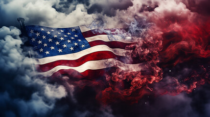 american flag colors from smoke explosion of cloudy firework at USA independence day.ai generative