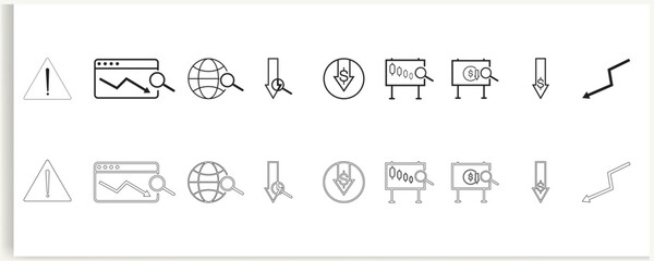 Economic crisis finance and money outline line black icons set.