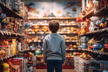 child in a toy store, back view. ai generative - obrazy, fototapety, plakaty
