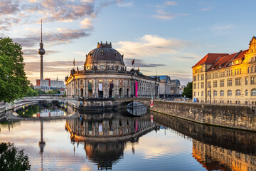 The Bode Museum on Museum Island and the Monbijou bridge. Historic listed buildings next to Spree...