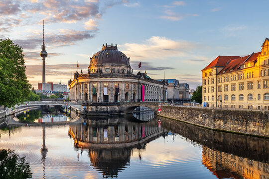 The Bode Museum on Museum Island and the Monbijou bridge. Historic listed buildings next to Spree River, Mitte, Berlin.