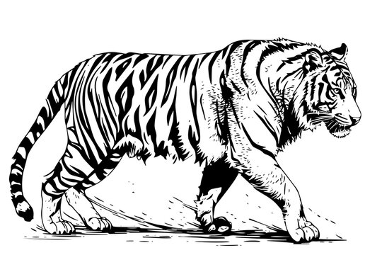 Hand drawn engraving style sketch of a tiger, vector ink illustration.