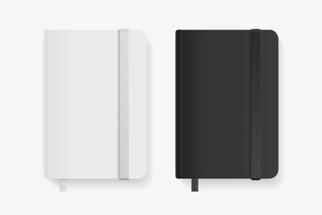 Realistic Detailed 3d White and Black Copybook Template with Elastic Band and Bookmark Set. Vector illustration