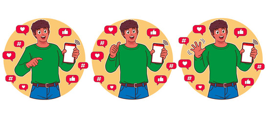 Fototapeta premium a man holding a smartphone and using social media