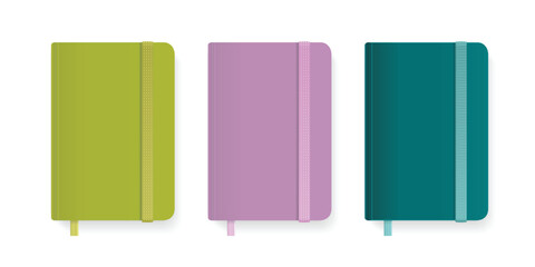 Realistic Detailed 3d Color Copybook Template with Elastic Band and Bookmark Set for Office Information. Vector illustration