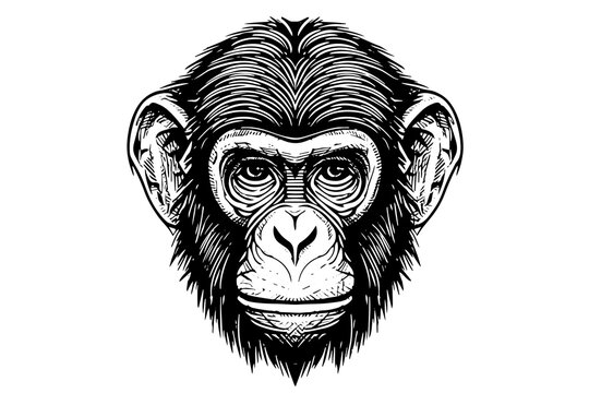 Monkey head or face hand drawn vector illustration in engraving style ink sketch.